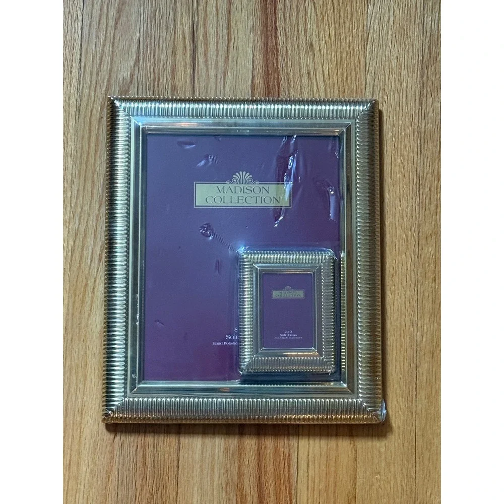 Madison Collection Solid Brass Ribbed Picture Frame Set 8x10 and 2x3 Gold Tone